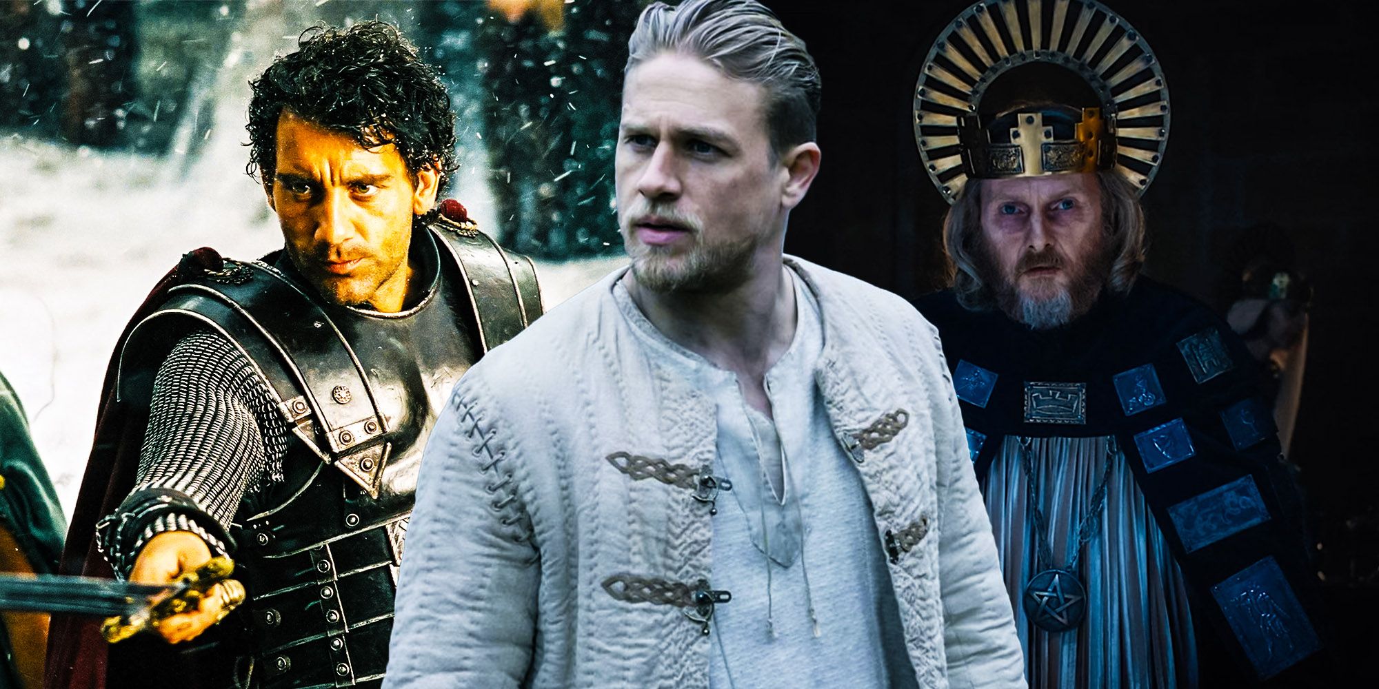 Collage of Clive Owen, Charlie Hunnam and Sean Harris in various King Arthur movies