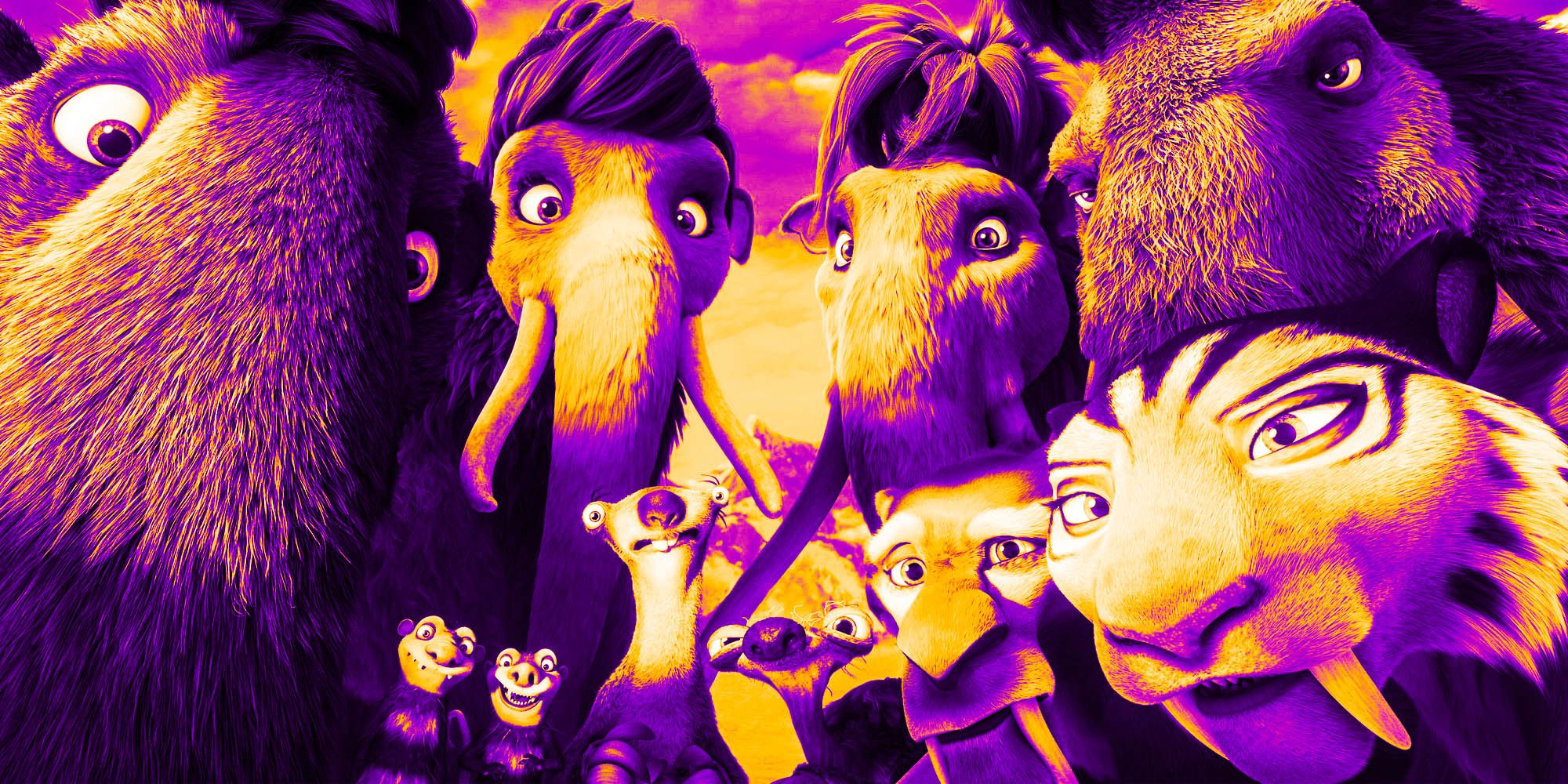 The characters of Ice Age look at the camera in surprise with a purple filter
