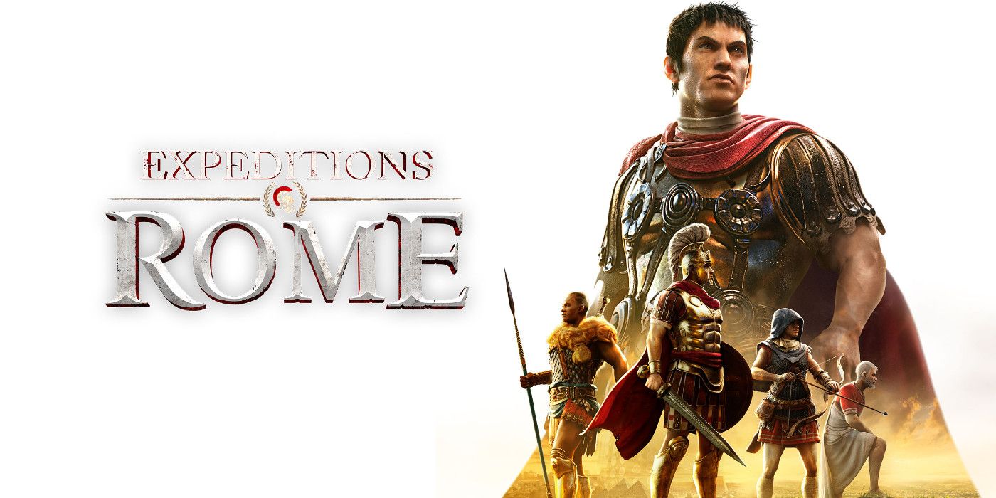 O logotipo do jogo Expeditions: Rome e cinco personagens olhando para longe.