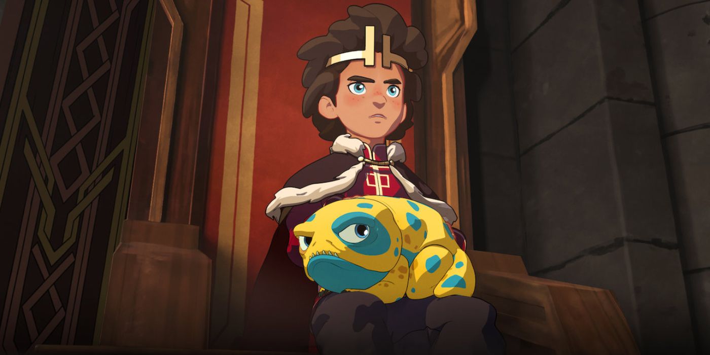 Ezran sits on the throne with Bait in his lap in The Dragon Prince