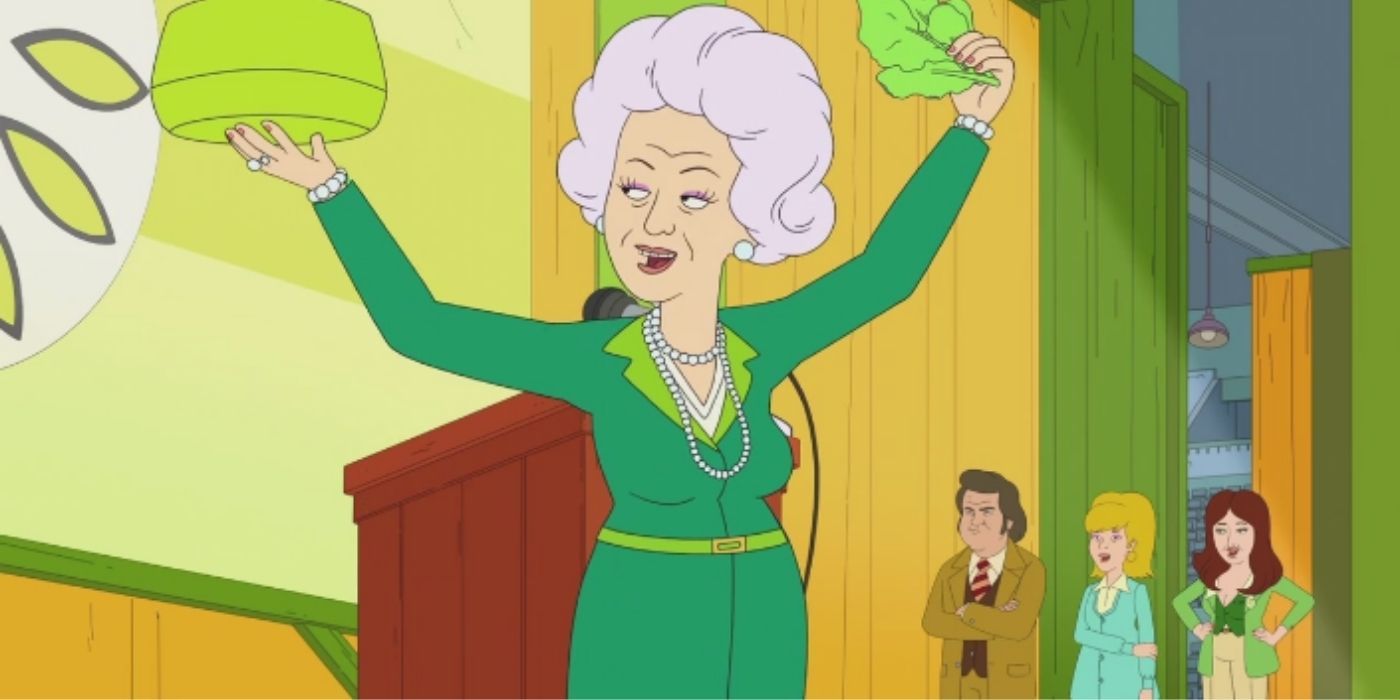 Henrietta Van Horne raising her arms in F is for Family