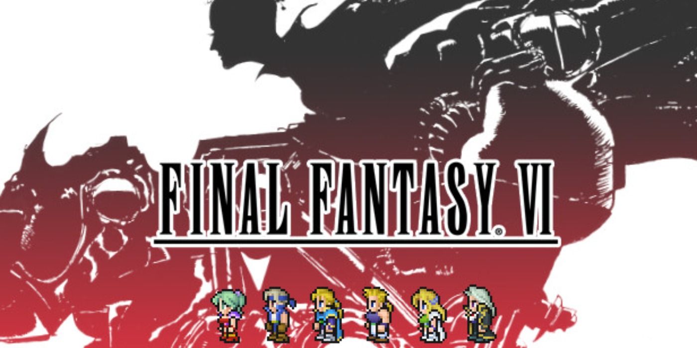 Promo art for FFVI featuring the pixelated main cast and Terra's silhouette in the background