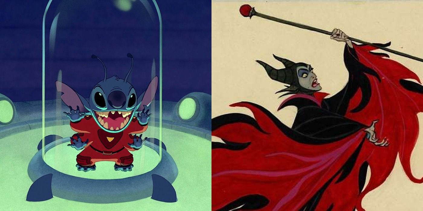 Split image of Stitch and Maleficent