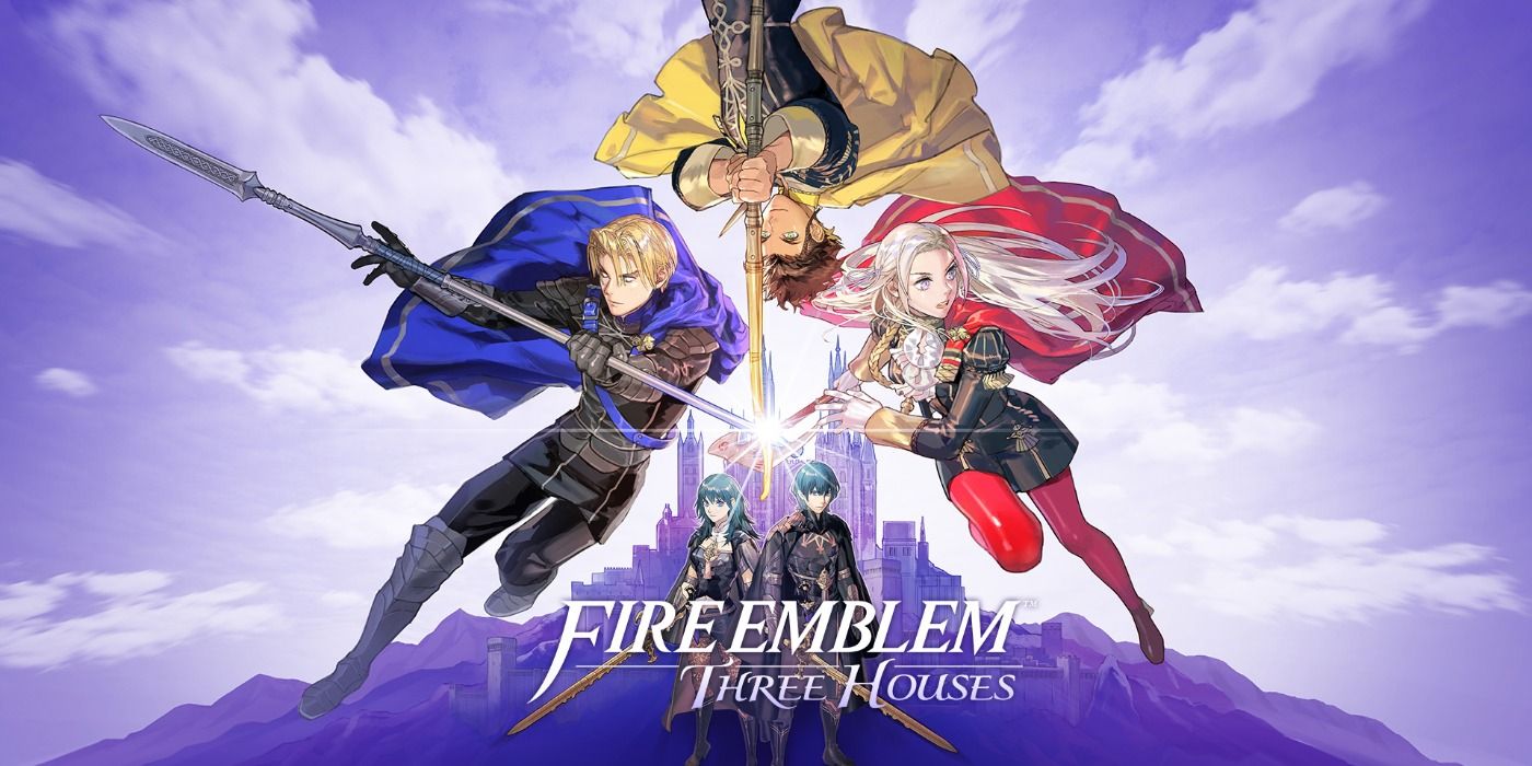Fire Emblem: Three Houses promo art featuring the protagonists and representatives of the school's houses.