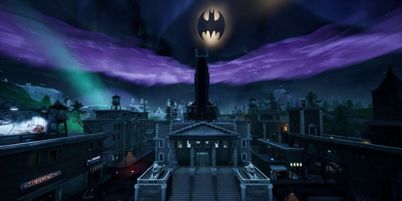 Gotham City with the Bat-Signal in the sky in Fortnite