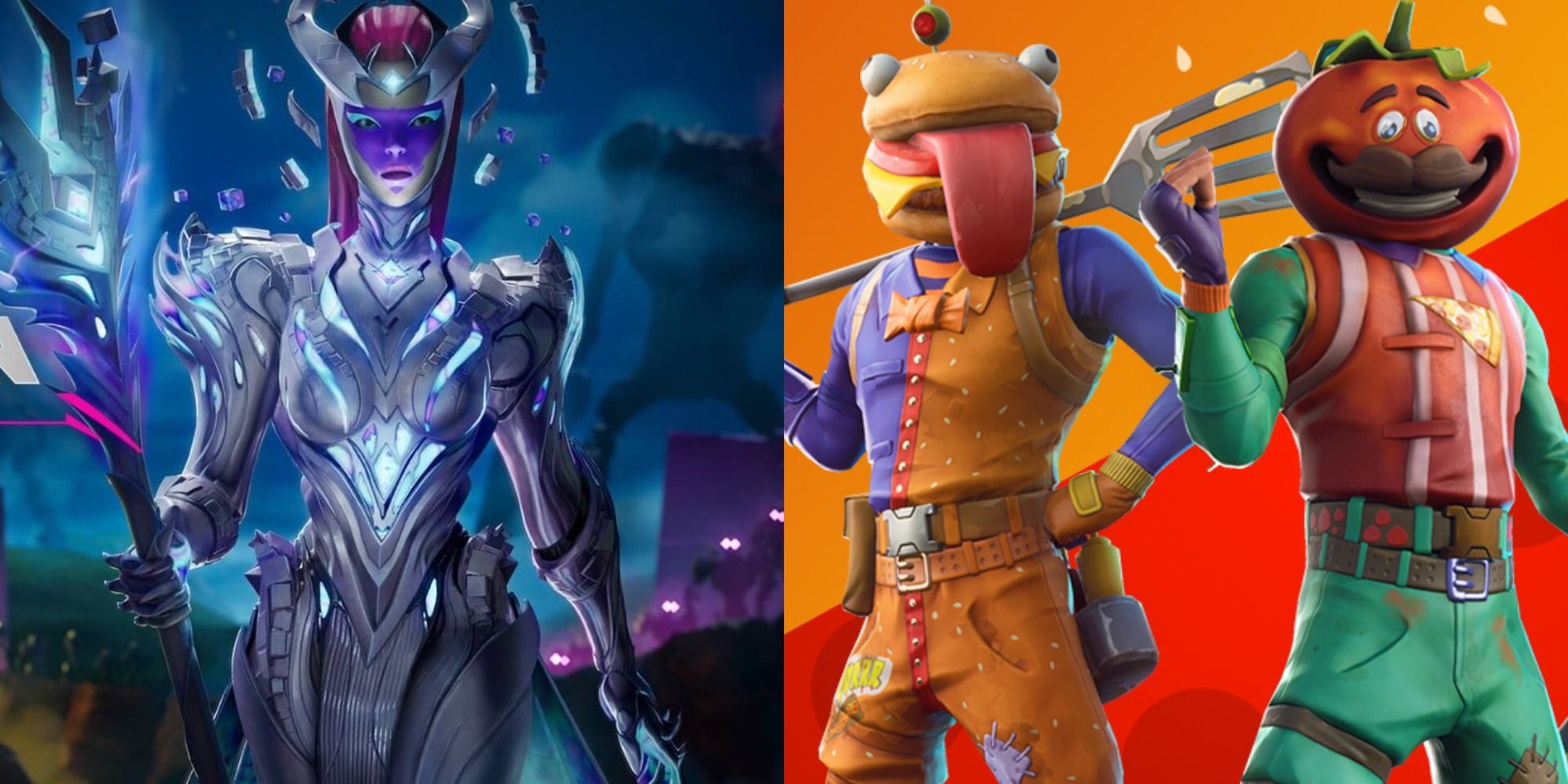 Split image showing the Cube Queen and two characters with food-shaped heads in Fortnite