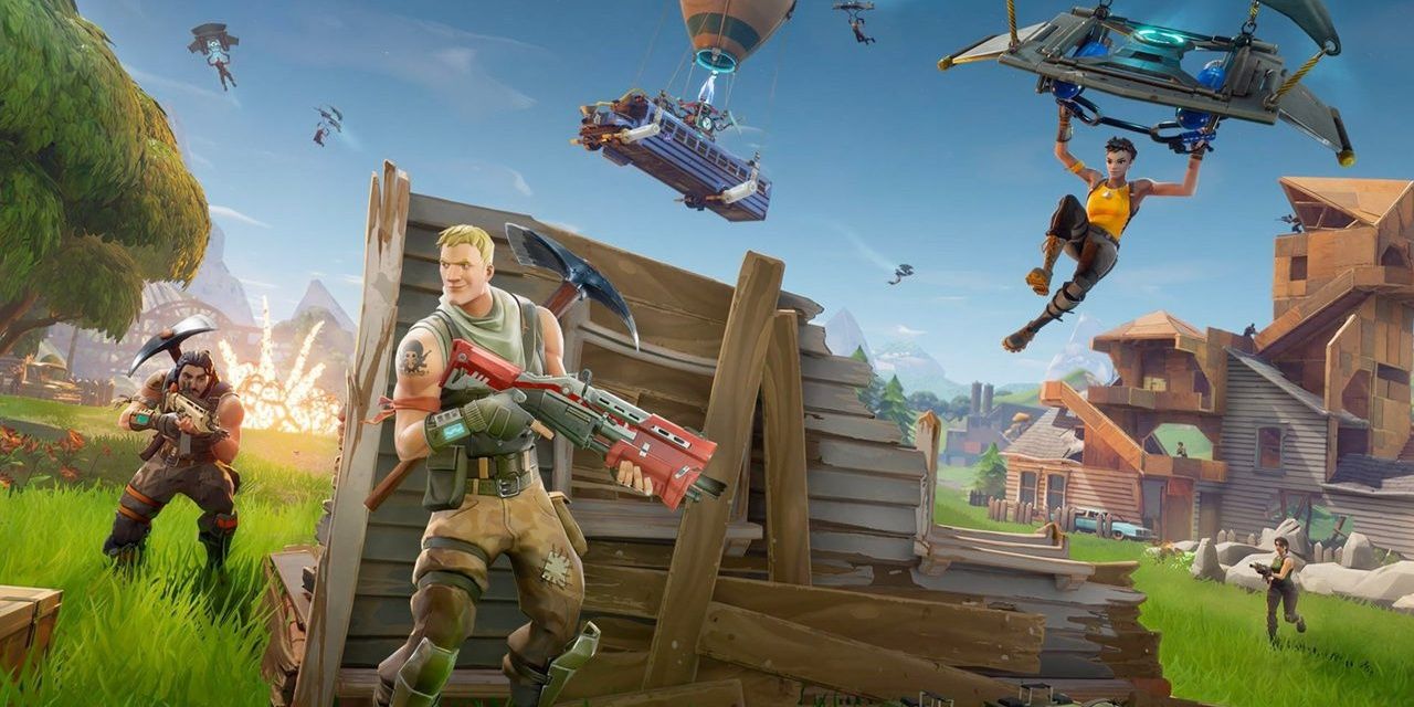 Fortnite characters dropping from the battle bus and preparing for battle.