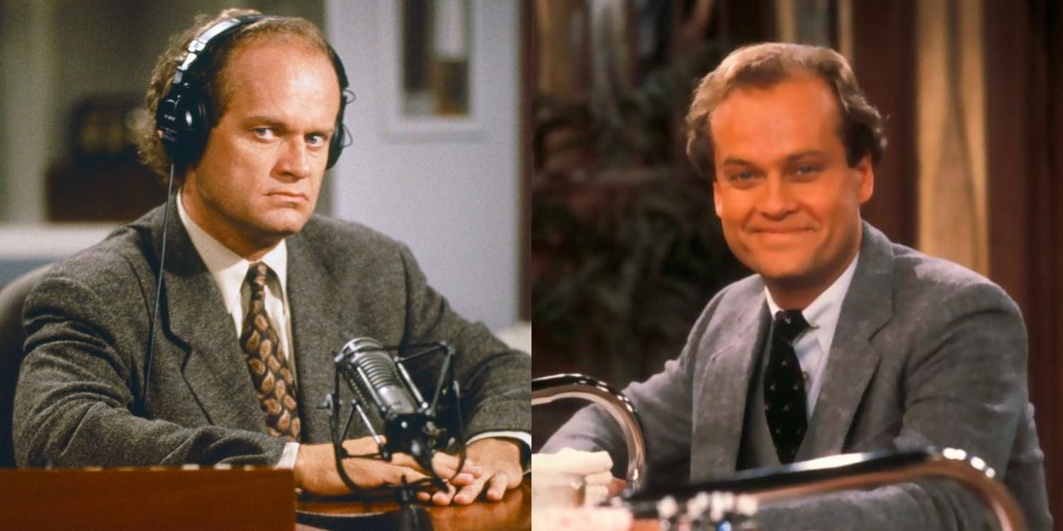 Fraiser in the broadcast booth in Fraiser and at the bar in Cheers