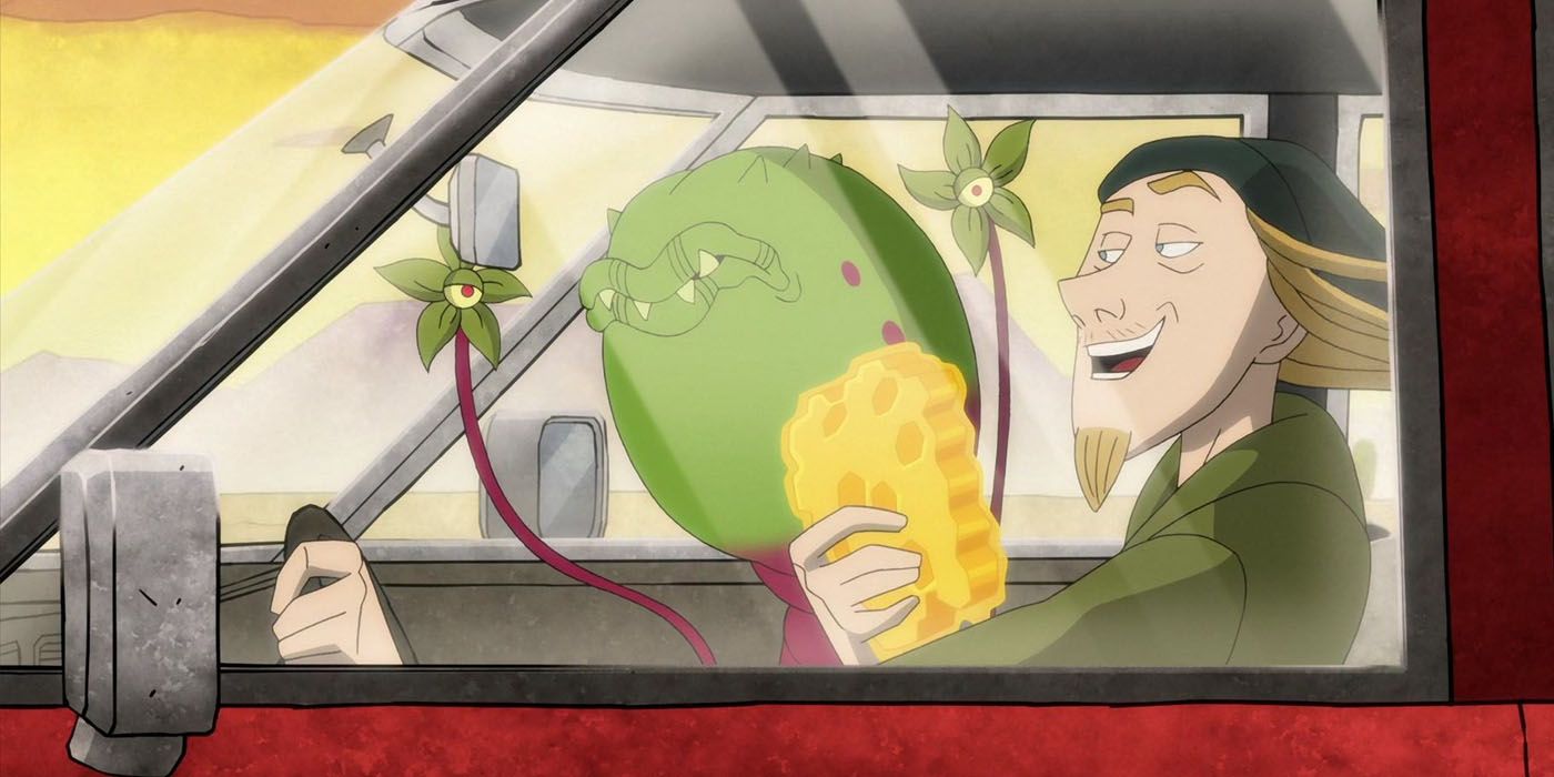 Frank the plant and Chaz ride in a truck in the Harley Quinn series