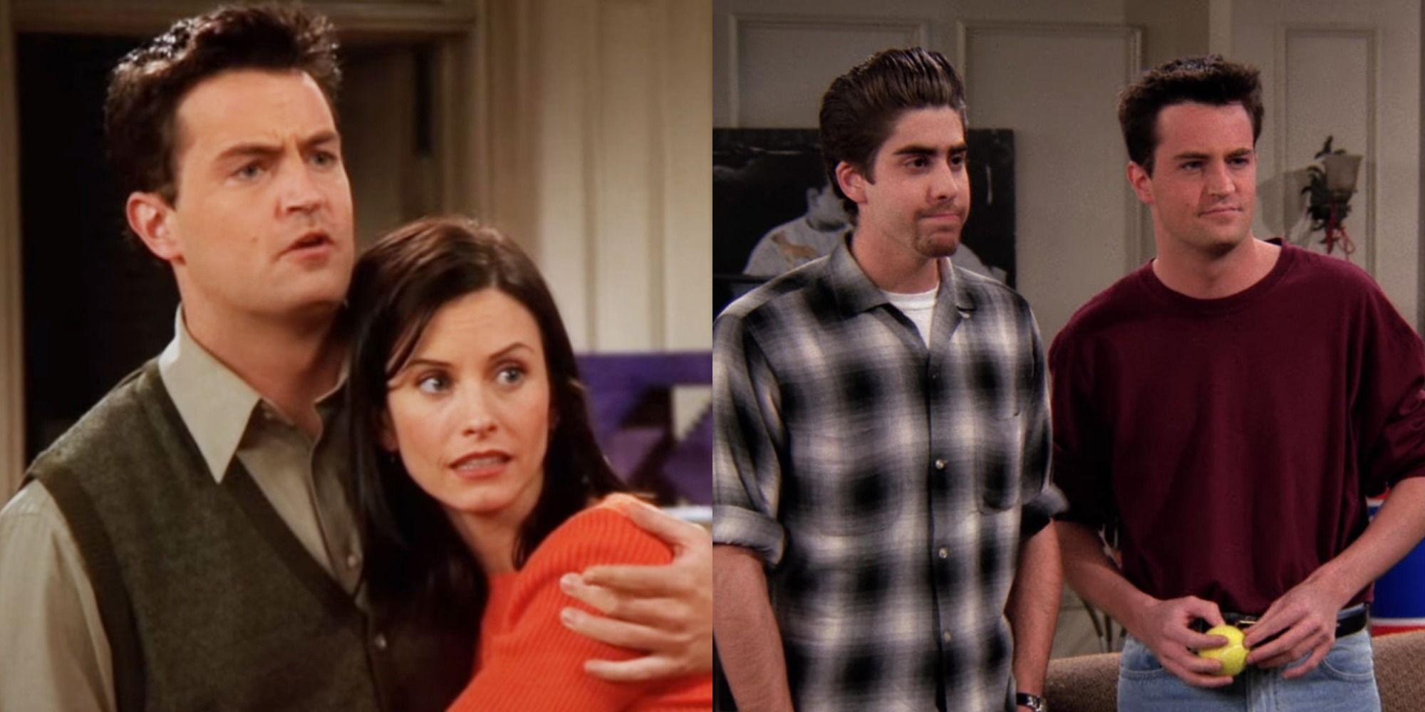 Split image showing Chandler and Monica and Chandler and Eddie in Friends