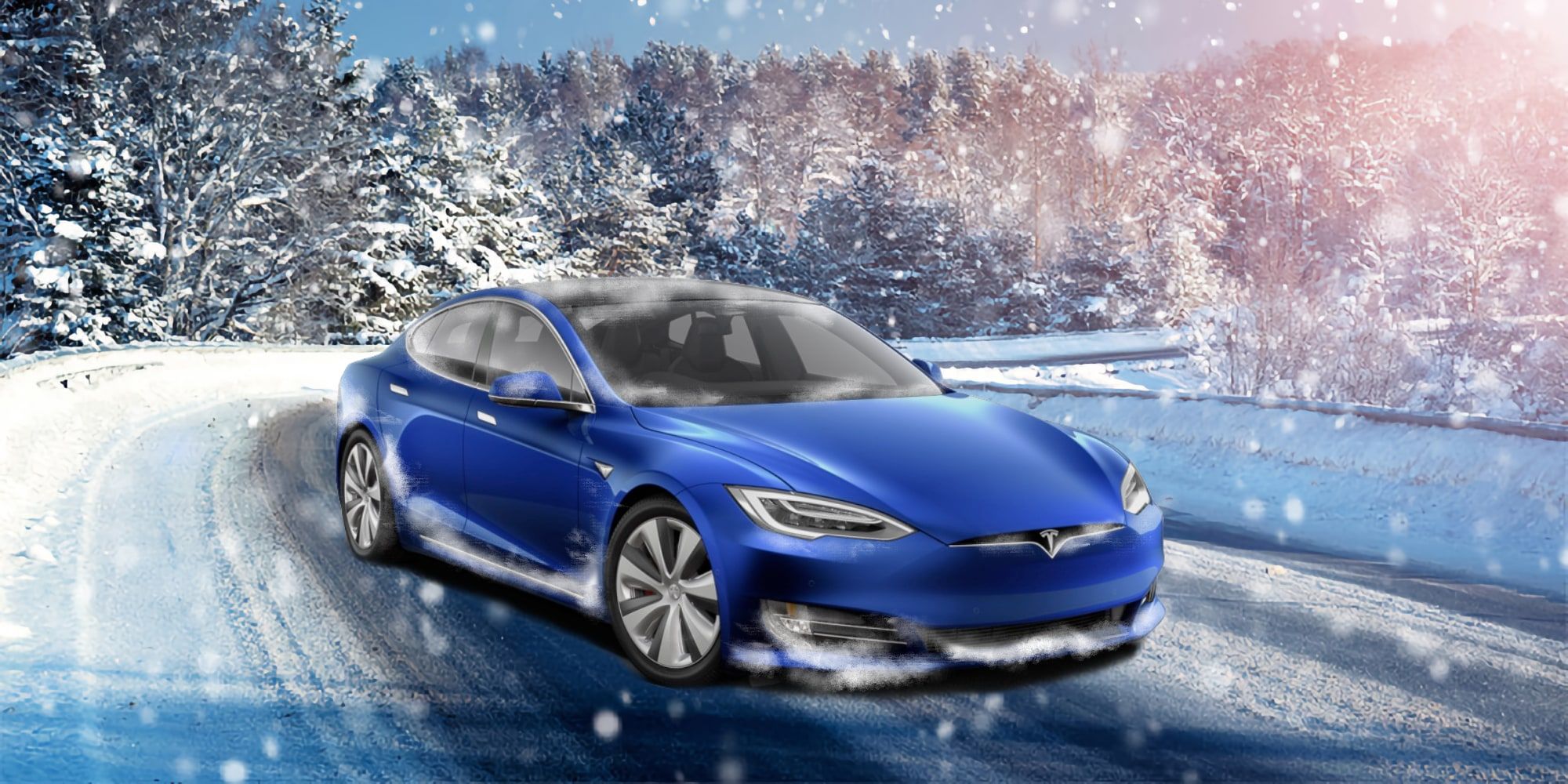 Frosty Blue Tesla Model S On A Snowy Highway Road Snow Cold