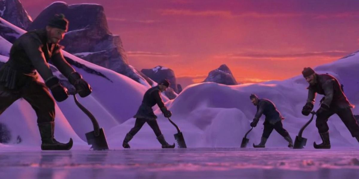 Men picking at the ice in the Frozen opening sequence