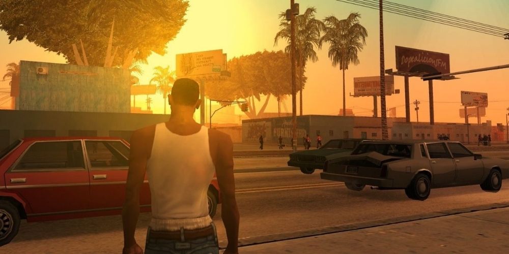 Our protagonist walks through the streets of a fictionalized LA in GTA San Andreas