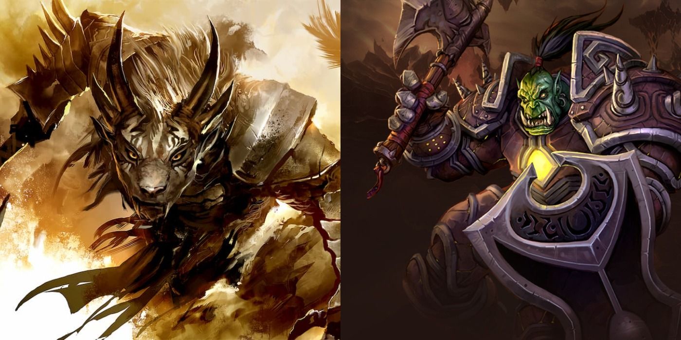 Split image of armored warrior character concept arts from Guild Wars 2 and World of Warcraft