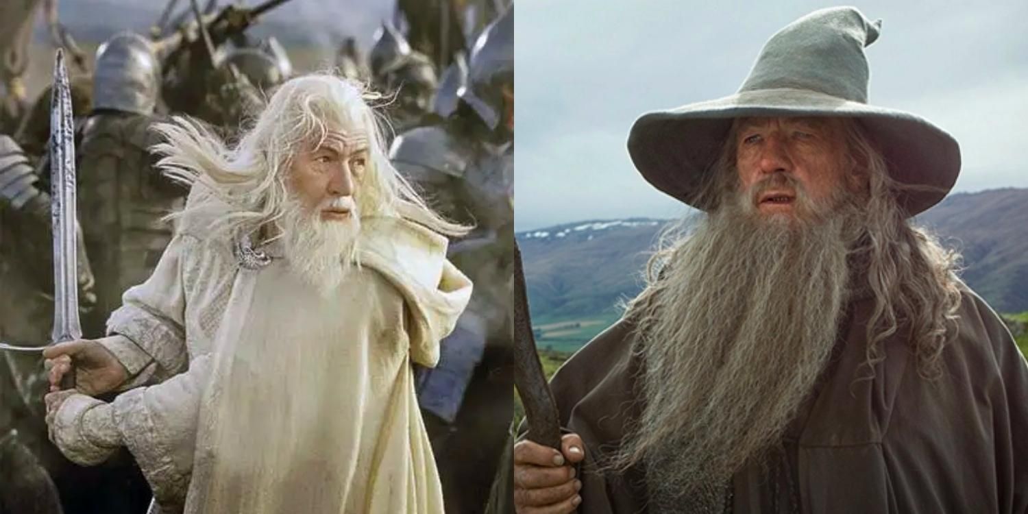 Gandalf in white fighting and Gandalf in grey looking over the hills in The lord of the RingsGandalf in white fighting and Gandalf in grey looking over the hills in The Lord of the Rings