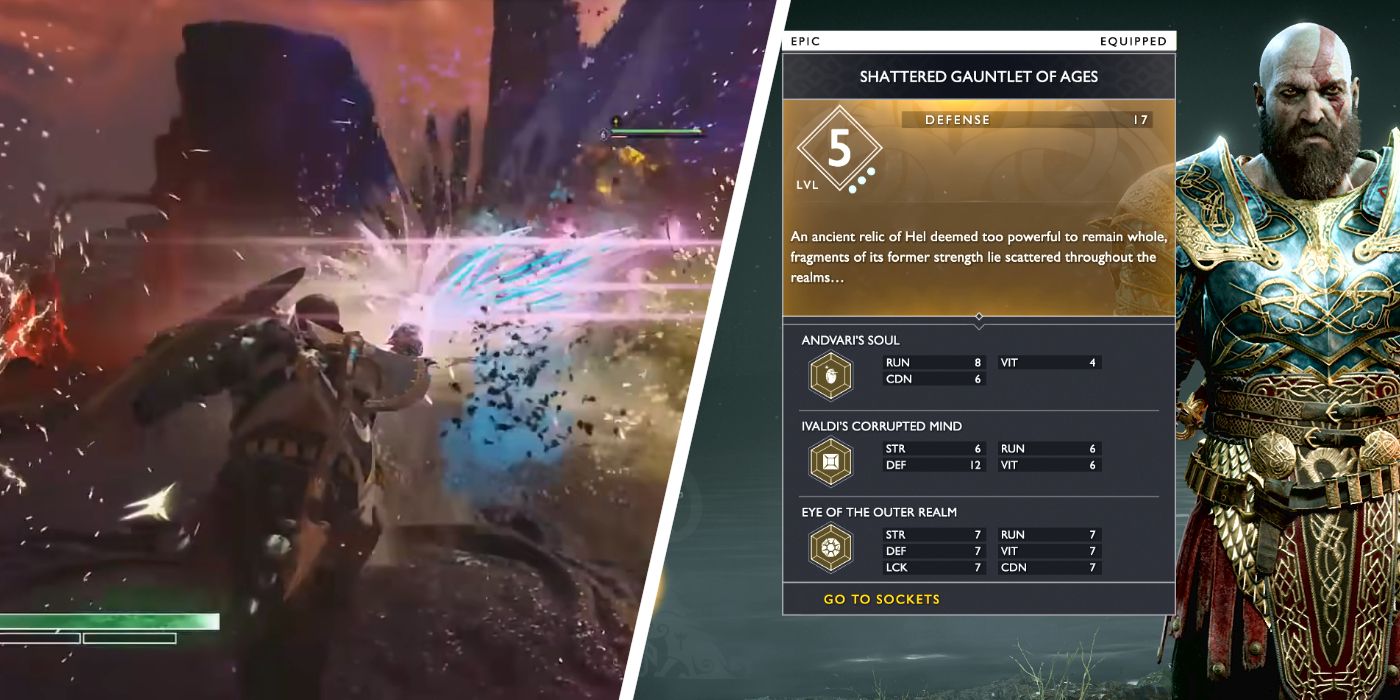 The Shattered Gauntlet of Ages in God of War being used next to its entry on the in-game menu