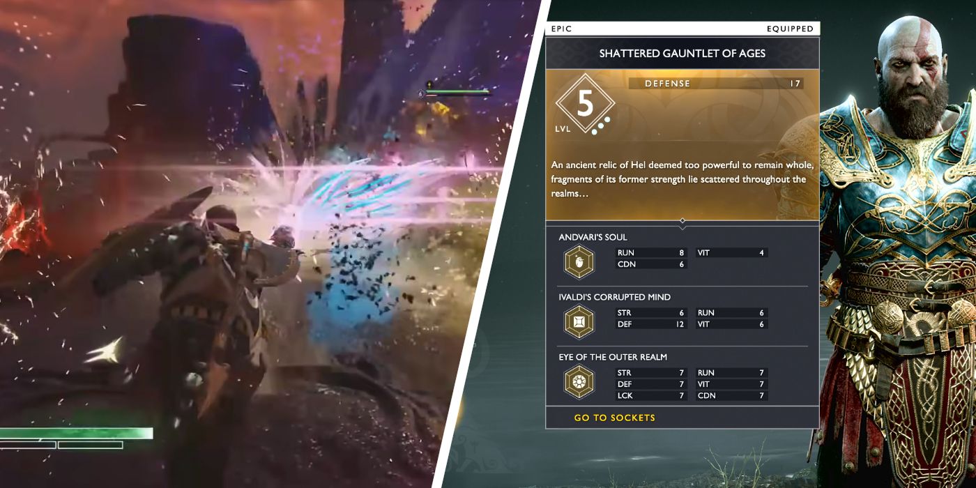 The Shattered Gauntlet of Ages in God of War is used next to its entry in the in-game menu.