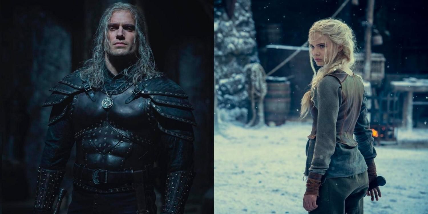 Geralt in his armor and Ciri standing in the snow in The Witcher