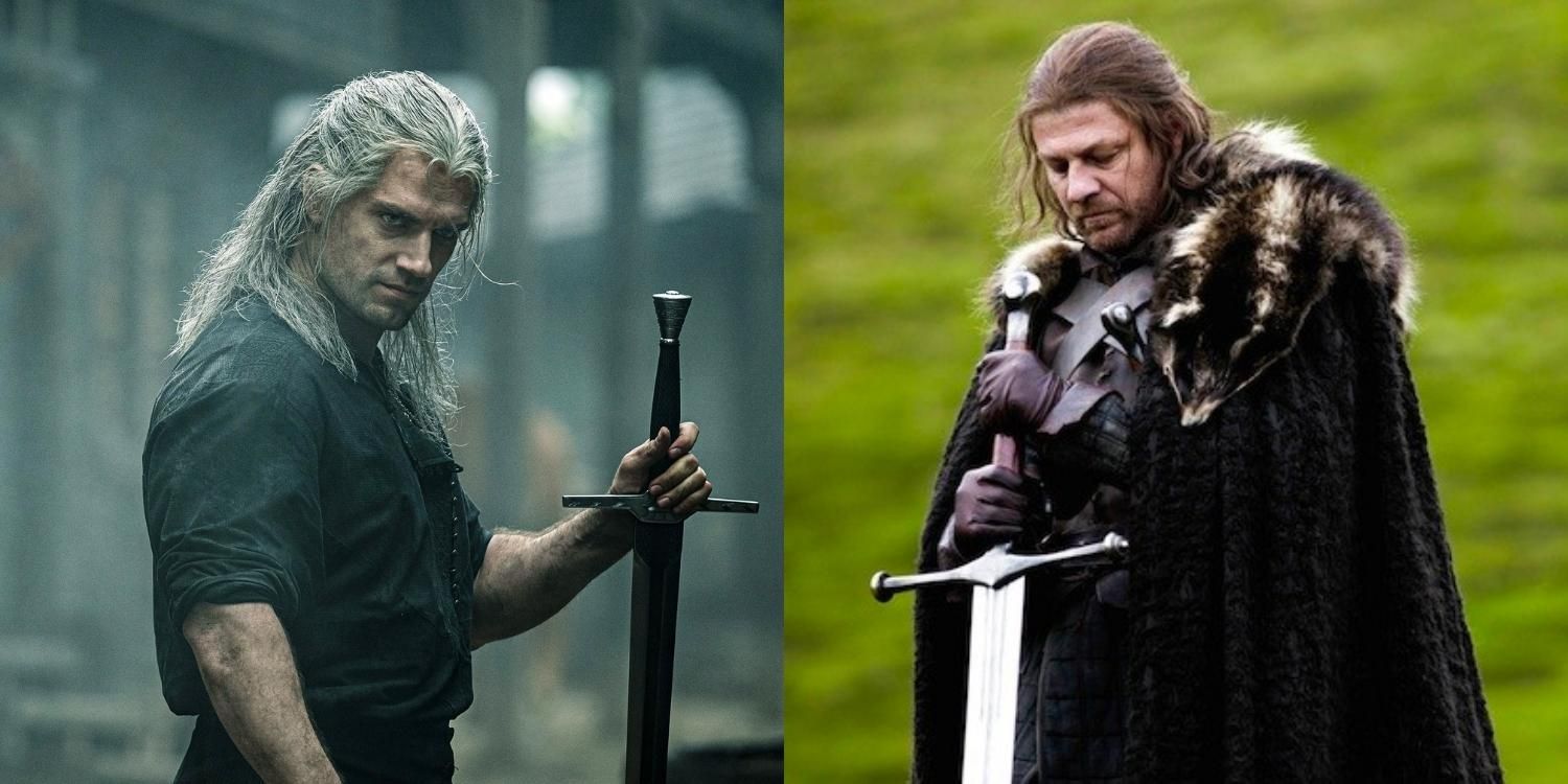 Geralt in the Witcher and Ned Stark in Game of Thrones with their swords