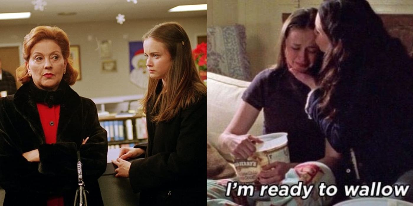Split image of Emily and Rory at the hospital and Rory crying with Lorelai on Gilmore Girls