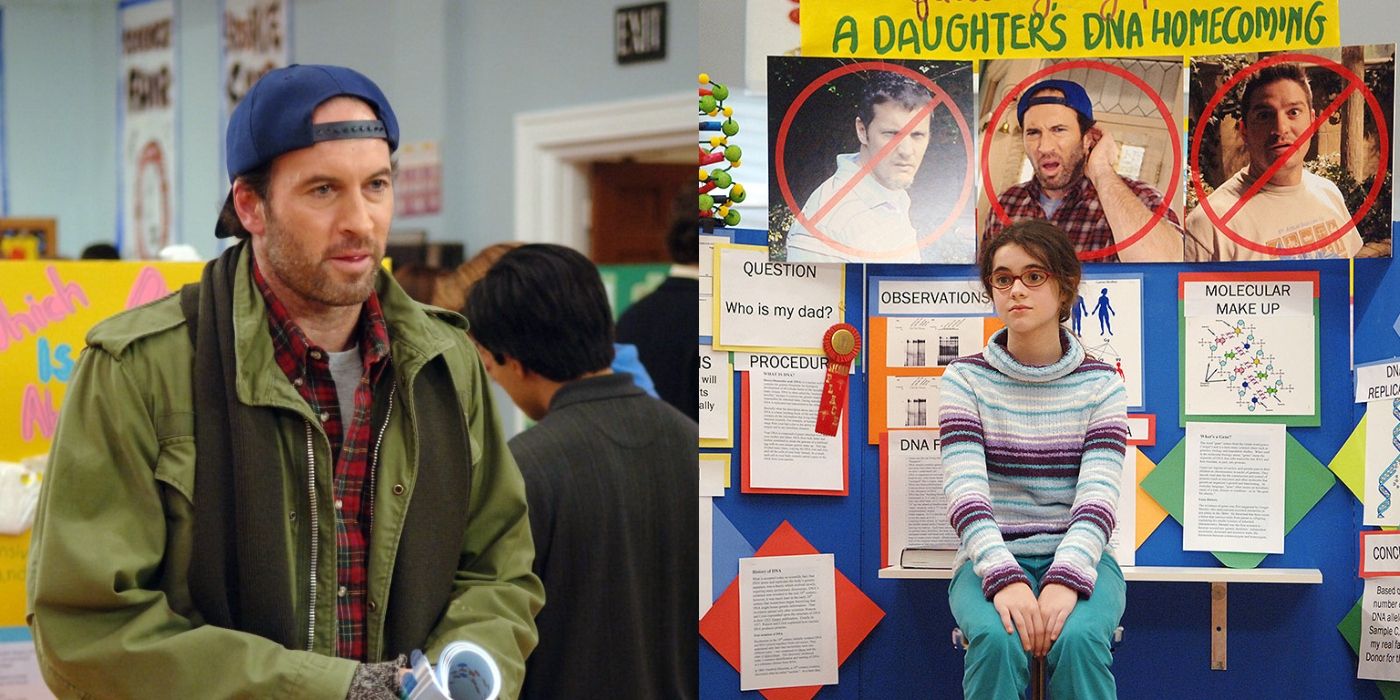 Imagem dividida de Luke e April na feira de ciências em Gilmore Girls
