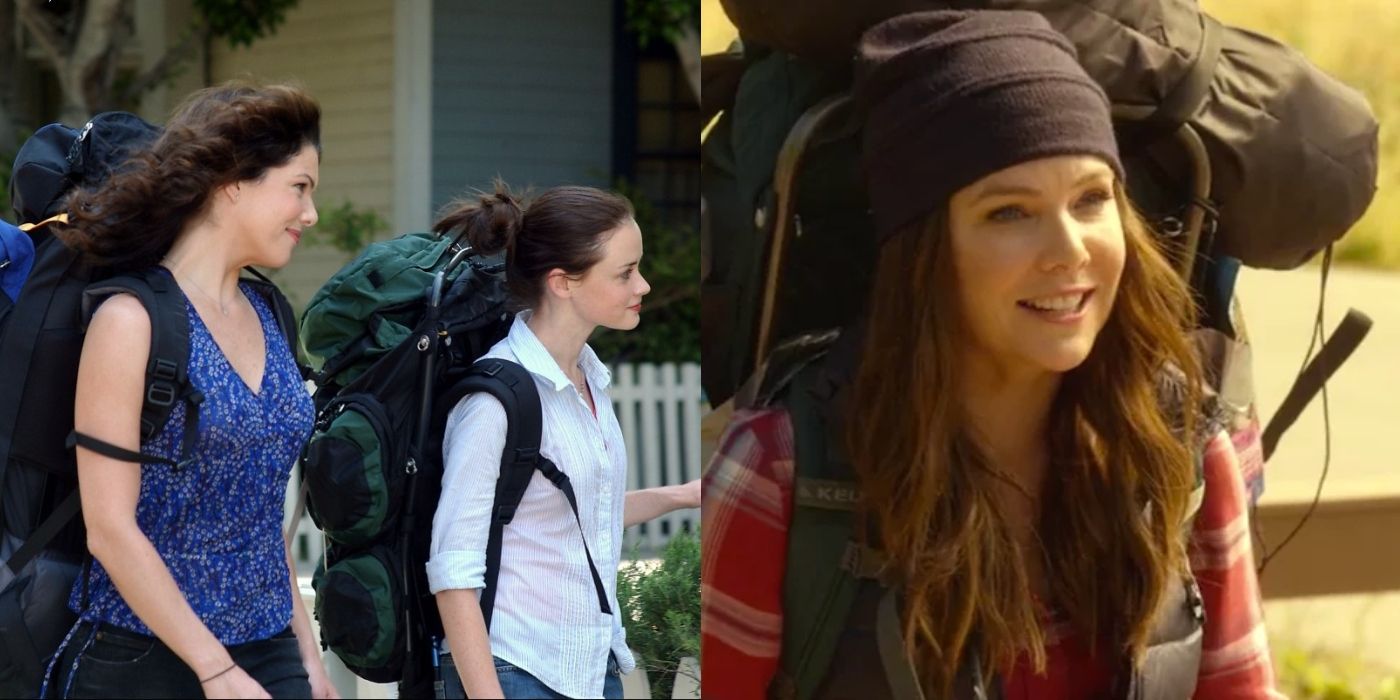Split image of Lorelai and Rory wearing backpacks and Lorelai hiking on Gilmore Girls