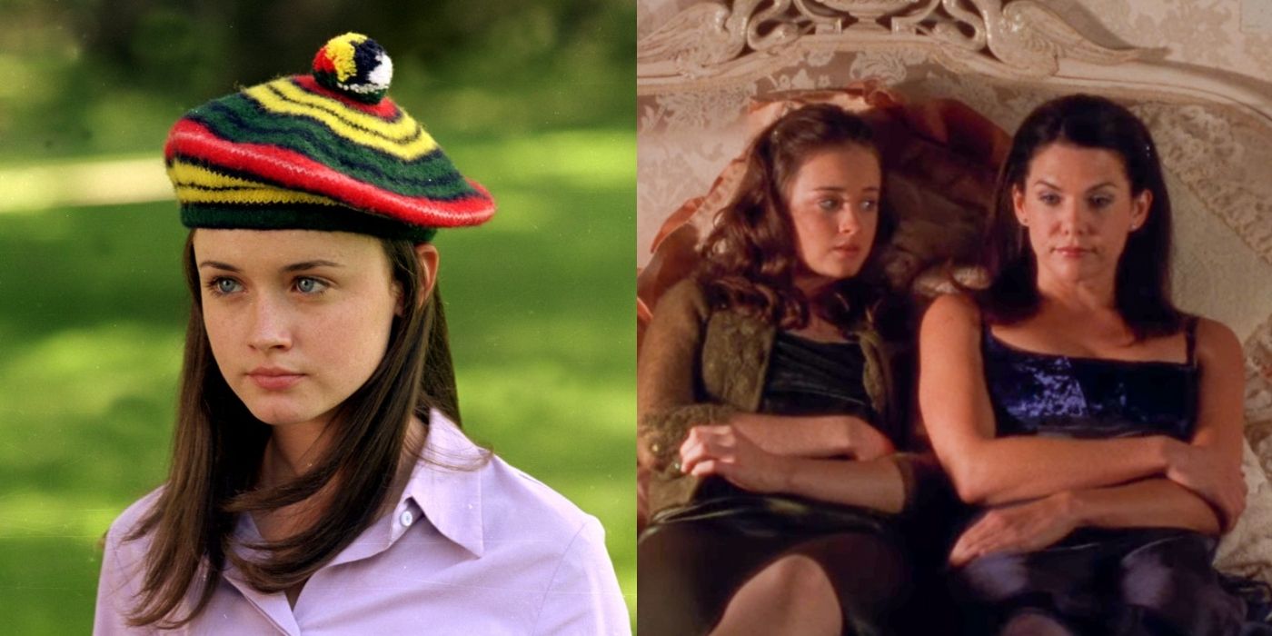 Split image of Rory wearing a hat and Rory and Lorelai with arms crossed on Gilmore Girls