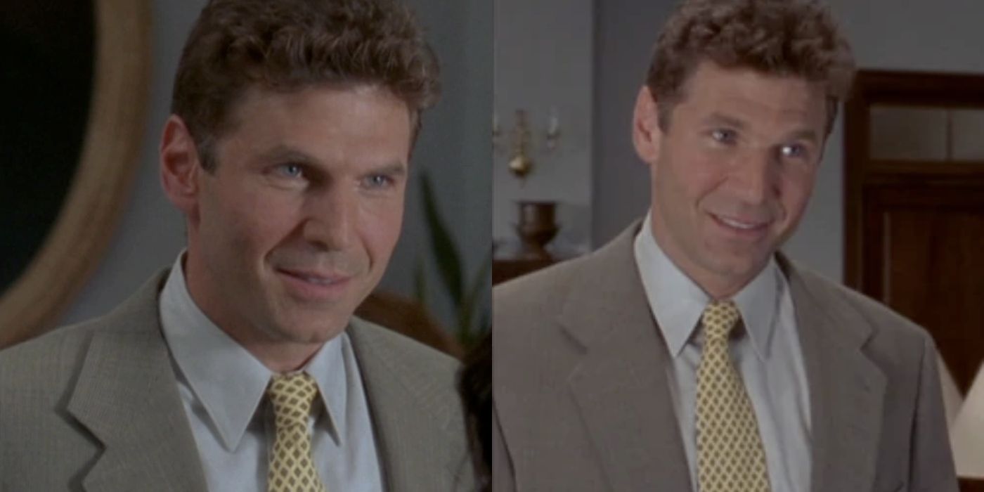 Split image of Ian Jack wearing a suit and smiling on Gilmore Girls