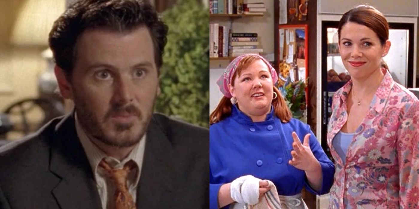 Split image of Jason looking serious and Sookie and Lorelai in the kitchen on Gilmore Girls