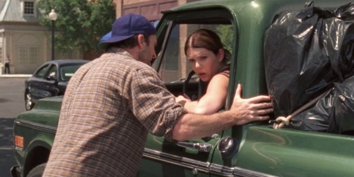 Luke talking to Lorelai who is driving his truck on Gilmore Girls