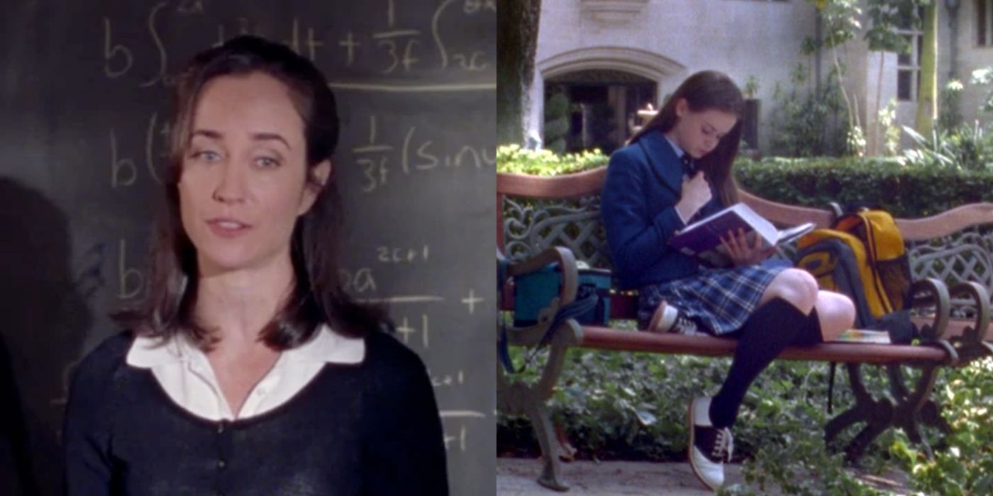 Split image of Mrs. O'Malley and Rory reading on a bench at Chilton on Gilmore Girls