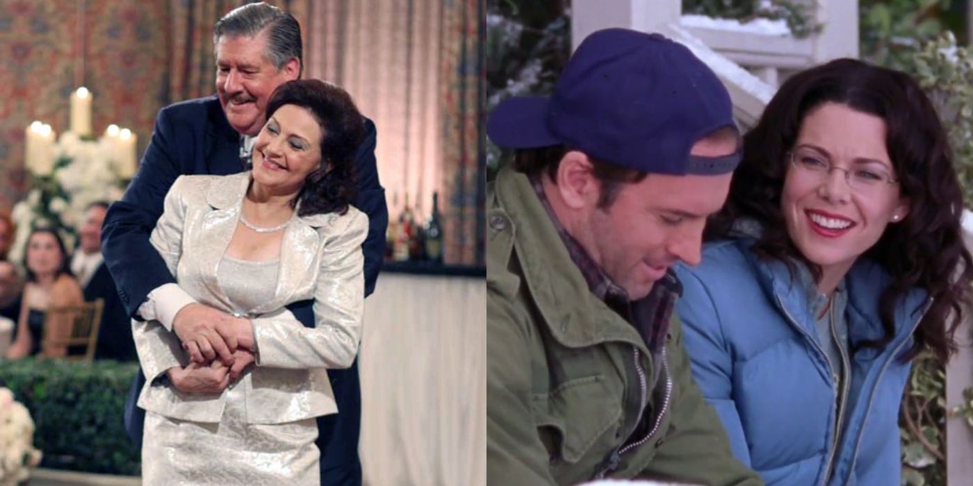Split image of Richard and Emily at their vow renewal and Luke and Lorelai smiling on Gilmore Girls