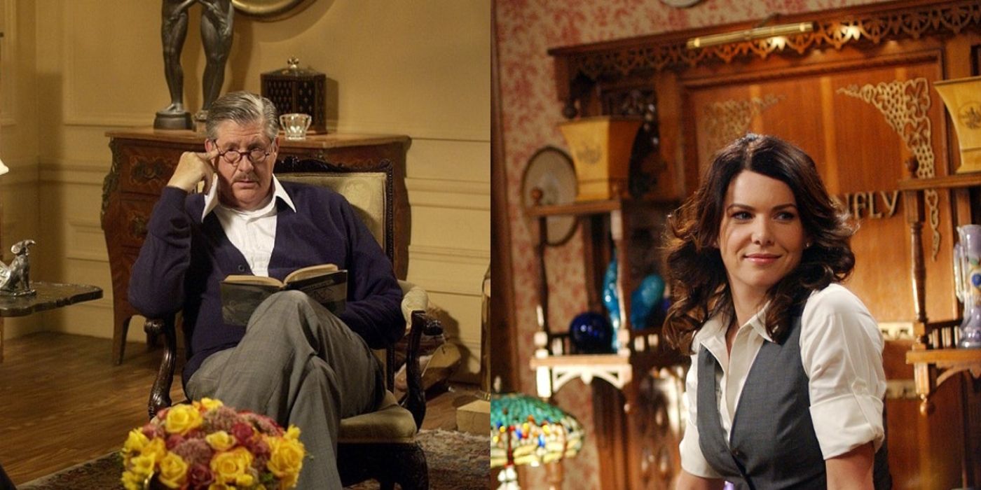 Split image of Richard reading and Lorelai at the Dragonfly Inn on Gilmore Girls