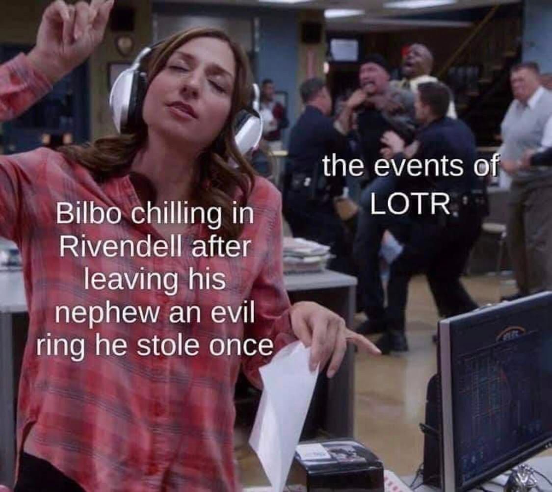 Gina dancing in Brooklyn 99 while a fight happens behind her, with text about Bilbo leaving someone an evil ring