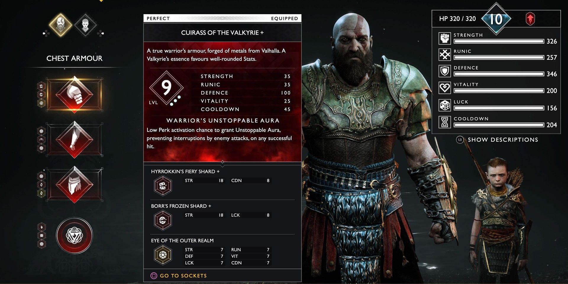 God of War 2018's Stat Menu, showing many different gradings and numbers for Kratos' current level and armor class
