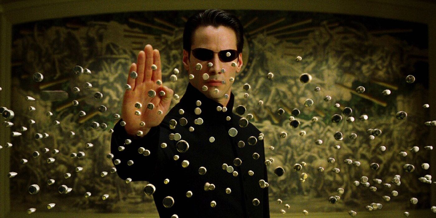 Neo blocks bullets in The Matrix Reloaded