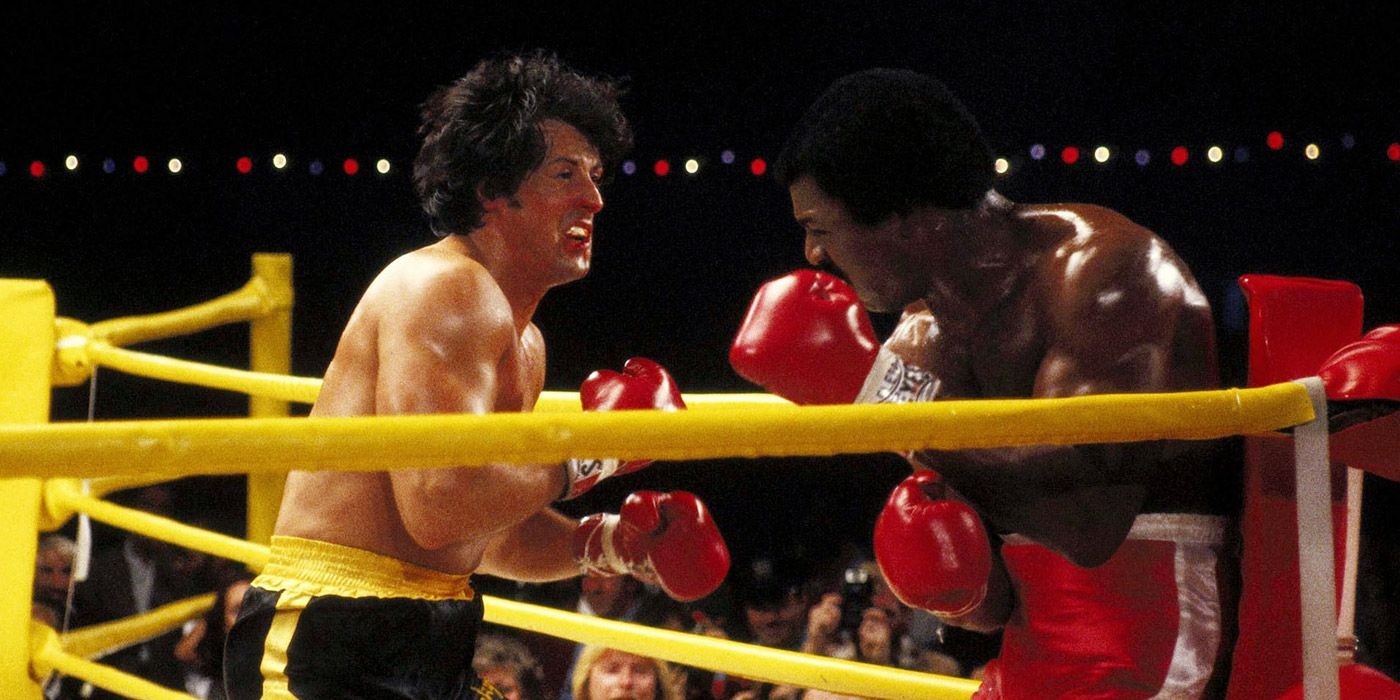 Rocky (Sylvester Stallone) and Apollo (Carl Weathers) fight in Rocky II