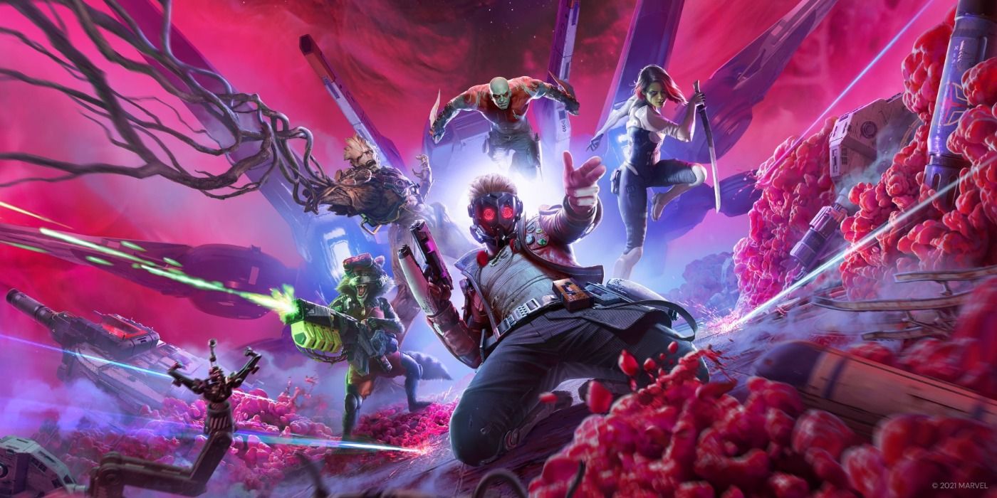 Promo art for Guardians of the Galaxy featuring the main cast springing into action with weapons drawn
