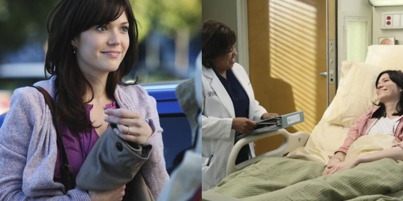 Split image of Mary smiling and Bailey standing near Mary&rsquo;s hospital bed on Grey&rsquo;s Anatomy