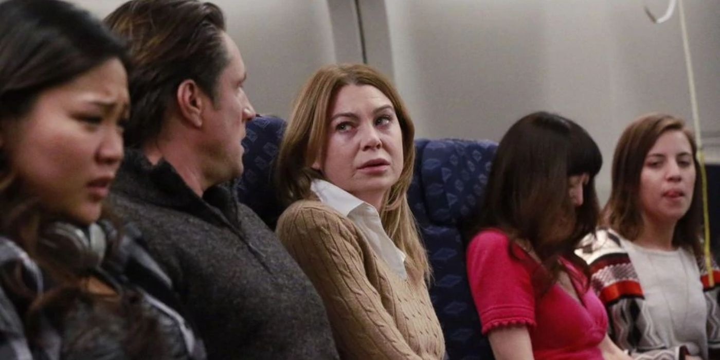 Nathan Riggs and Meredith Grey sitting on a plane on Grey&rsquo;s Anatomy