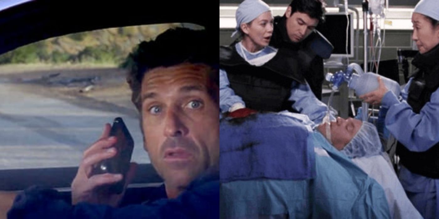 Split image of Derek&rsquo;s car accident and the patient bomb on Grey&rsquo;s Anatomy