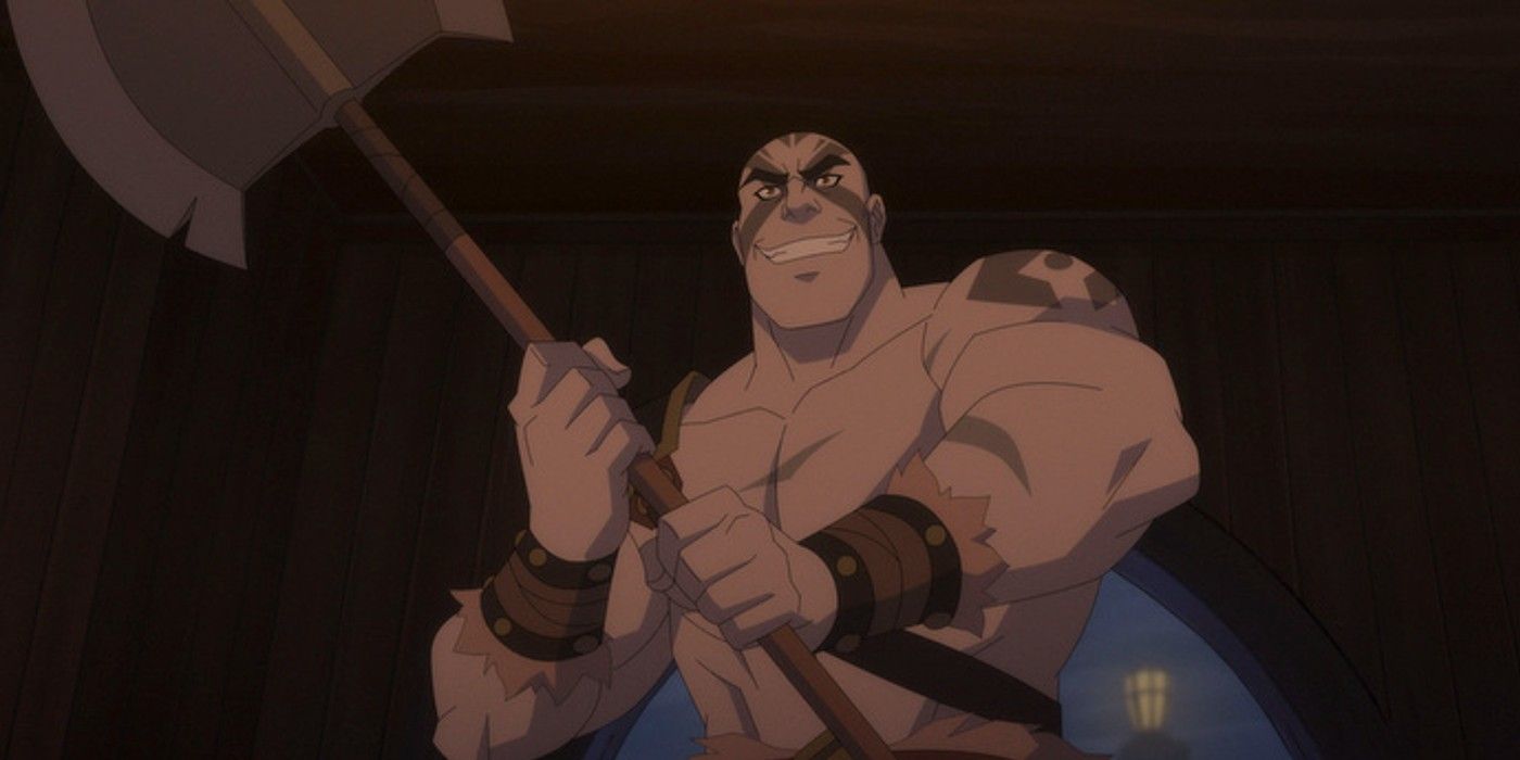 Grog empunhando um machado e sorrindo em The Legend of Vox Machina