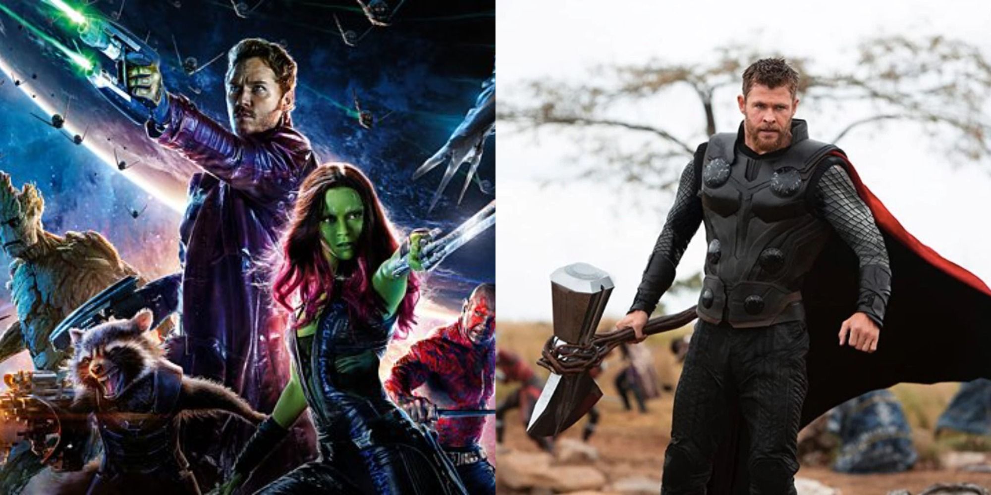 Split image showinf the Guardians of the Galaxy and Thor wielding Stormbreaker in Infinity War