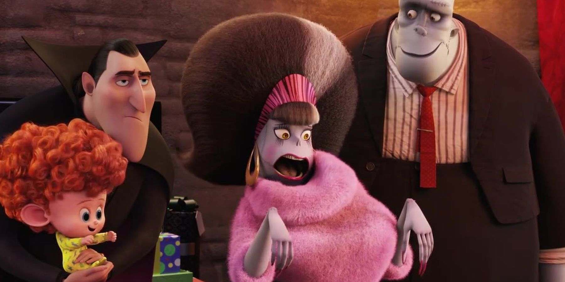 Eunice, Frank, Dracula, and Dennis stand together in Hotel Transylvania