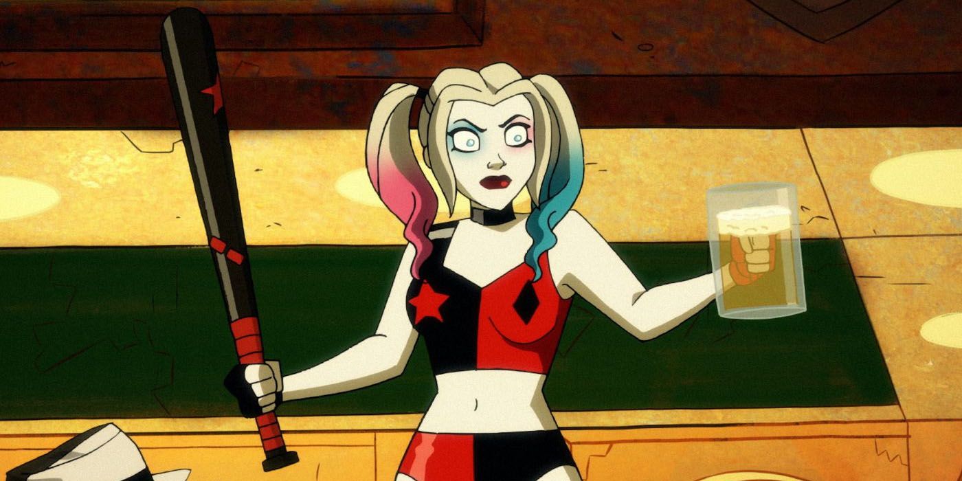 Harley Quinn holding a bat and a beer
