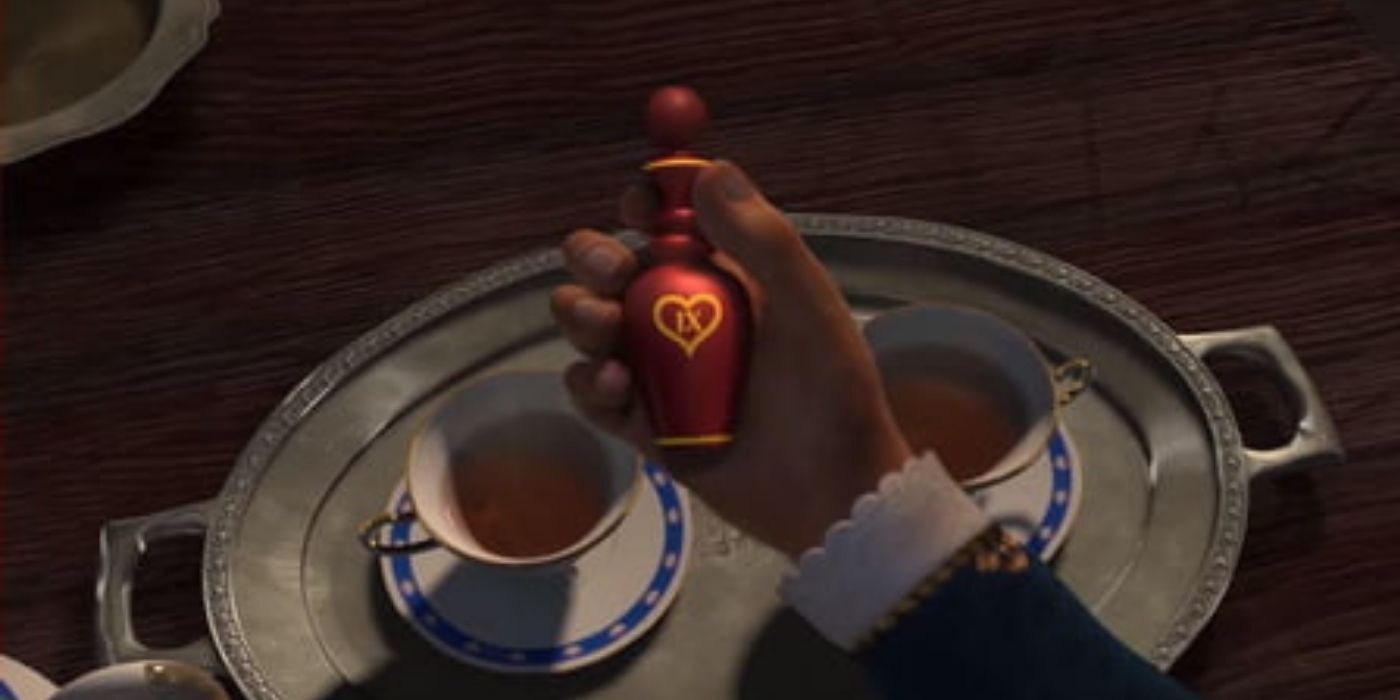 Harold holding a love-spell potion over tea in Shrek 2