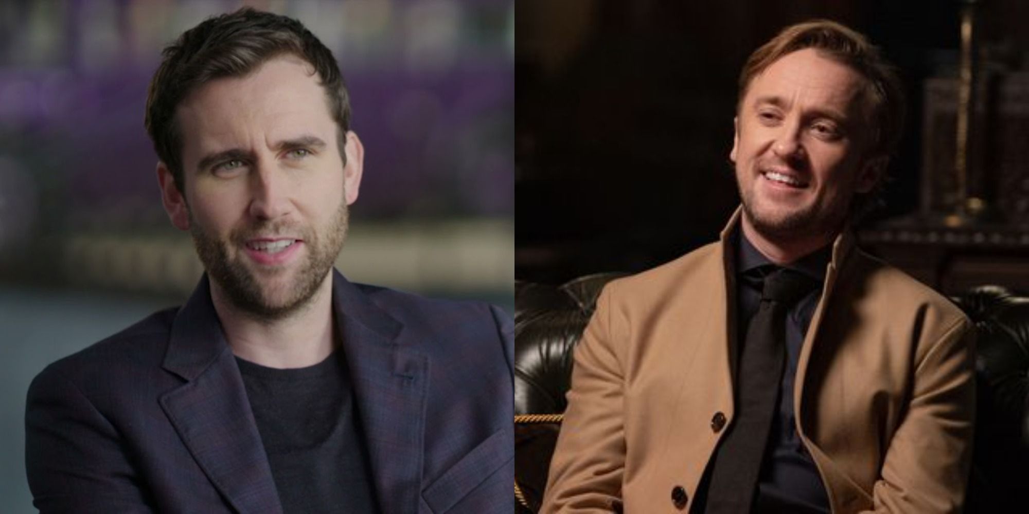 Split image showing Matthew Lewis and Tom Felton in the Harry Potter 20th Anniversary