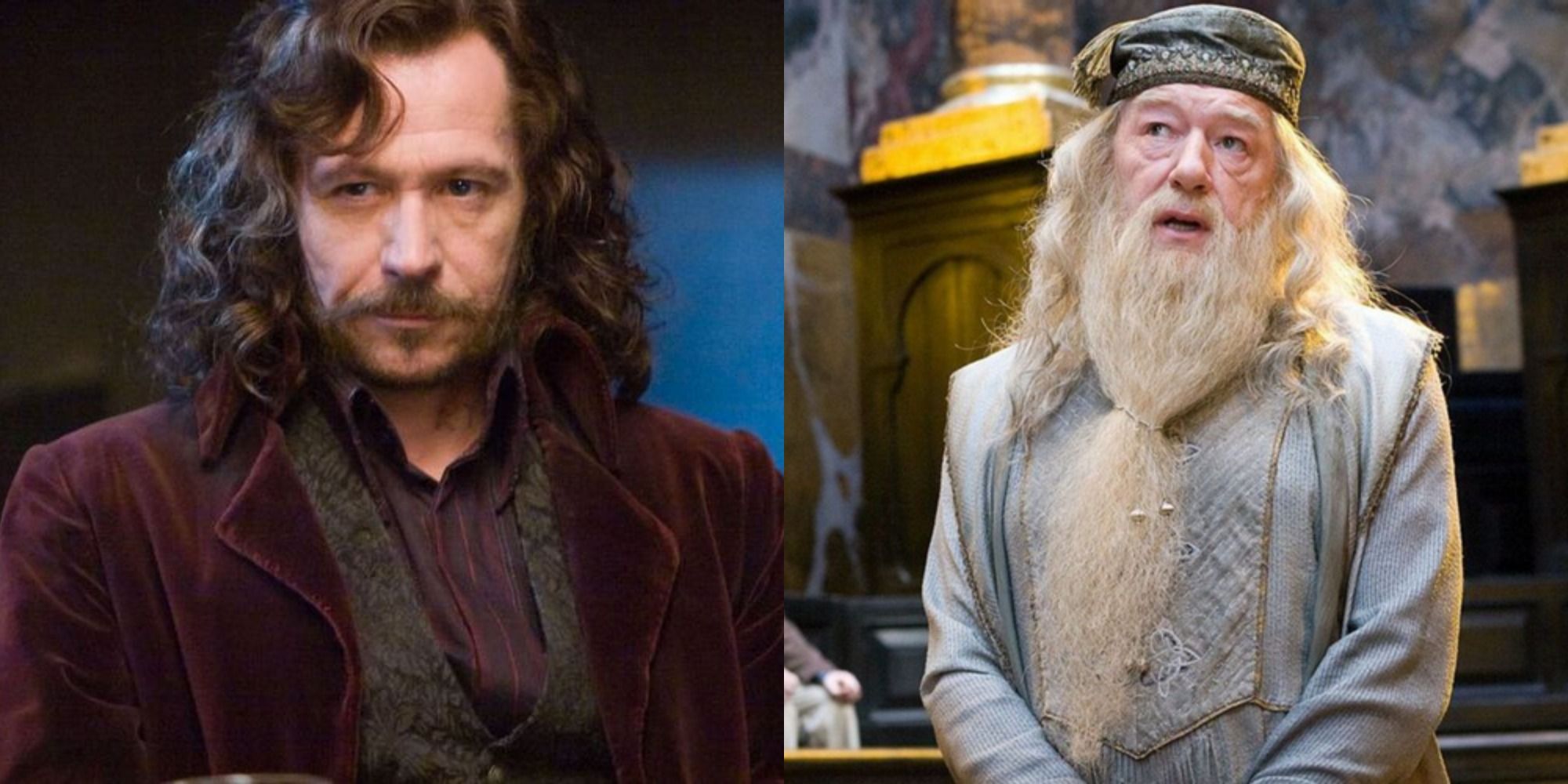 Split image showing Sirius Black and Albus Dumbledore in Harry Potter