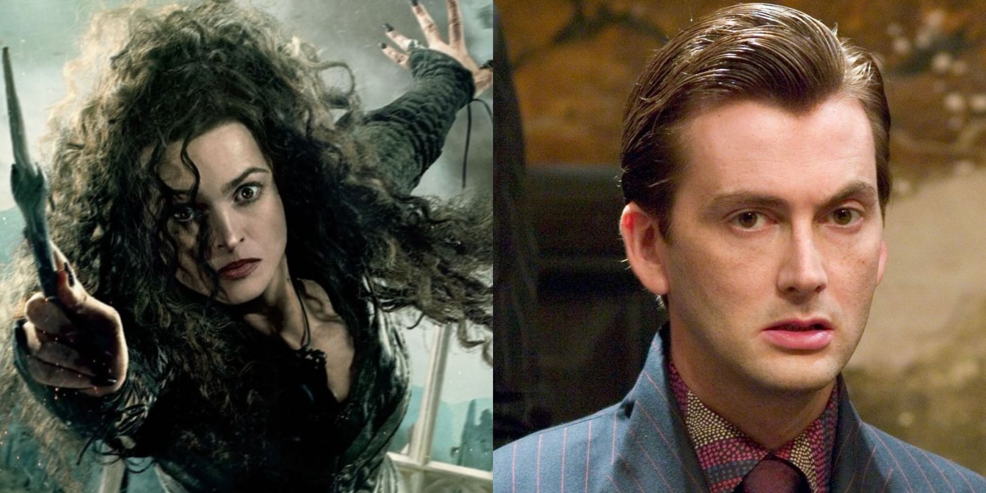 Split image showing Bellatrix and Barty Crouch Jr. in Harry Potter