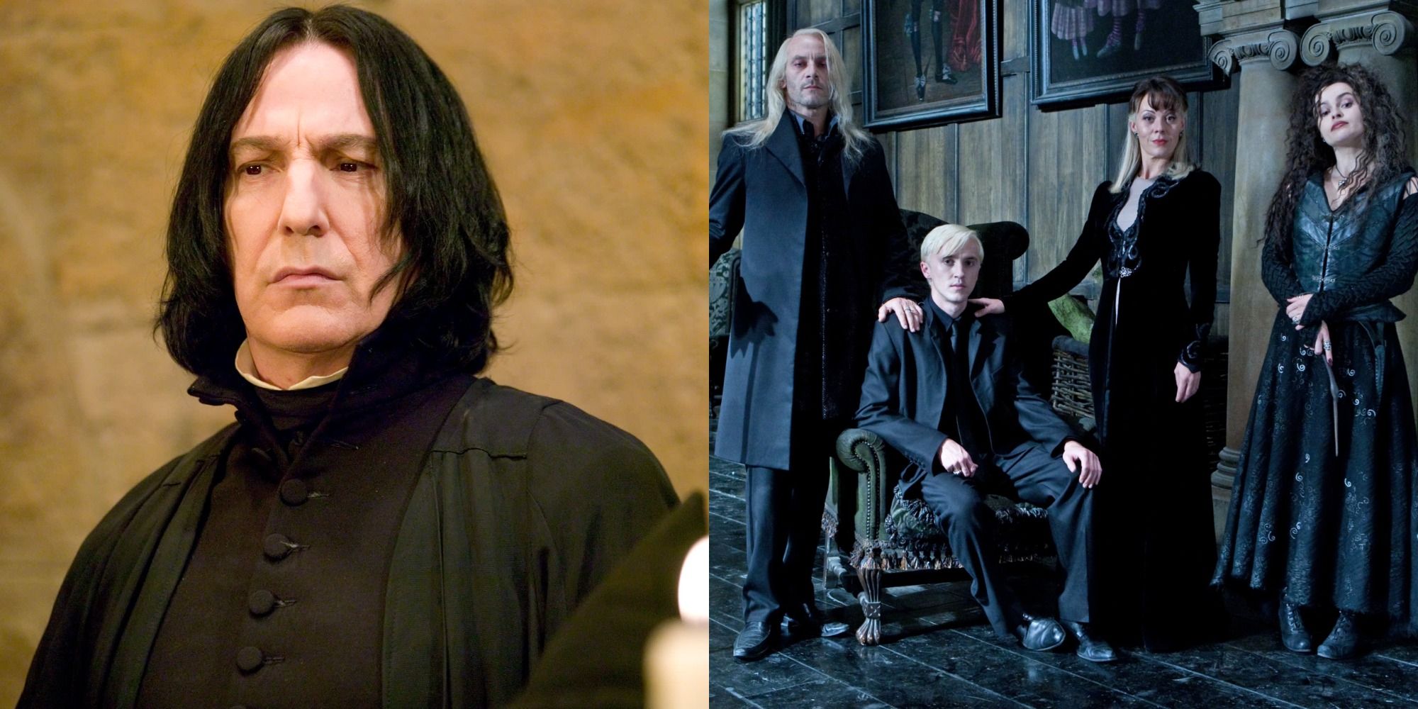 Split image showing Snape and the Malfoy family in Harry Potter
